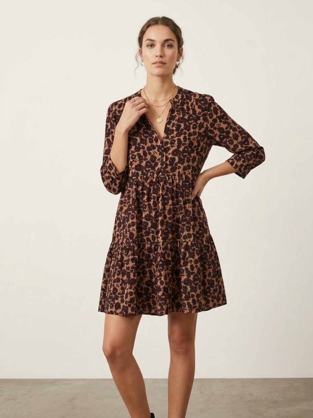 ba&sh Paris Leopard Print Lady Dress Tiered Mini Smock Babydoll Brown Small